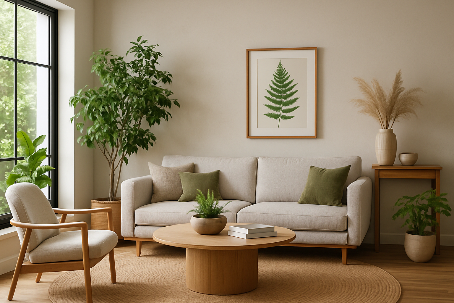 modern living room with subtle and tasteful Biophilic Design-1