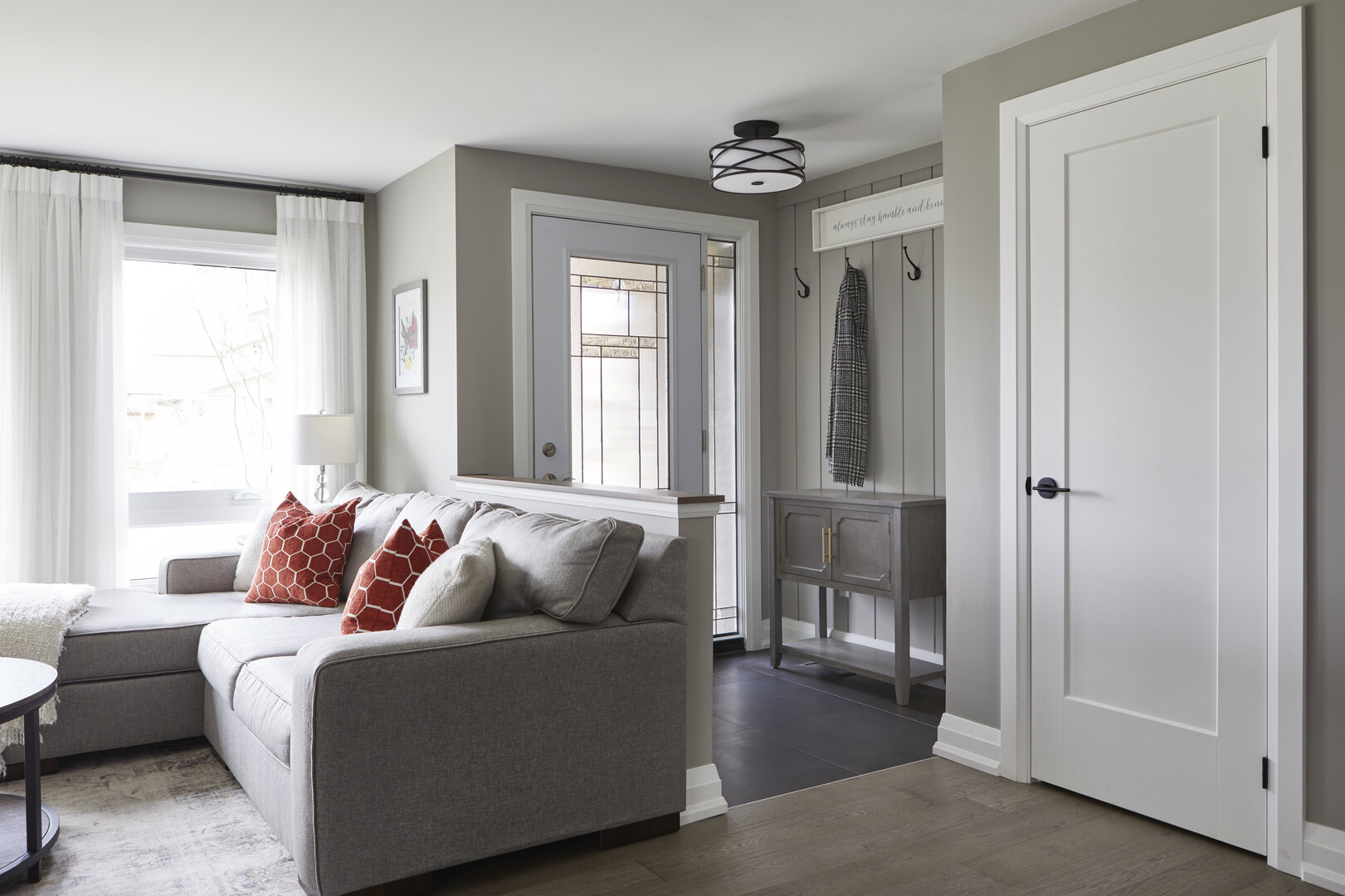 Foyer in Markham home renovation with custom drapery