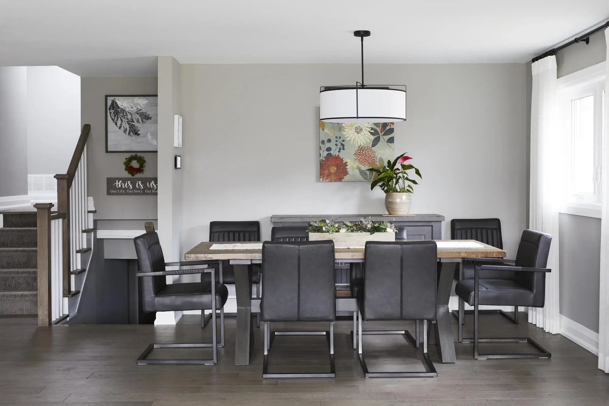 Harmonized-Dining room in Markham renovation with hanging light fixture above