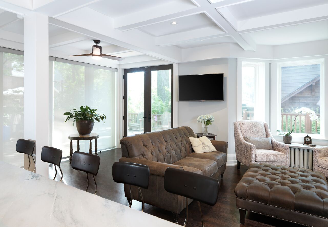 Family Room Renovation With White Coffered Ceiling
