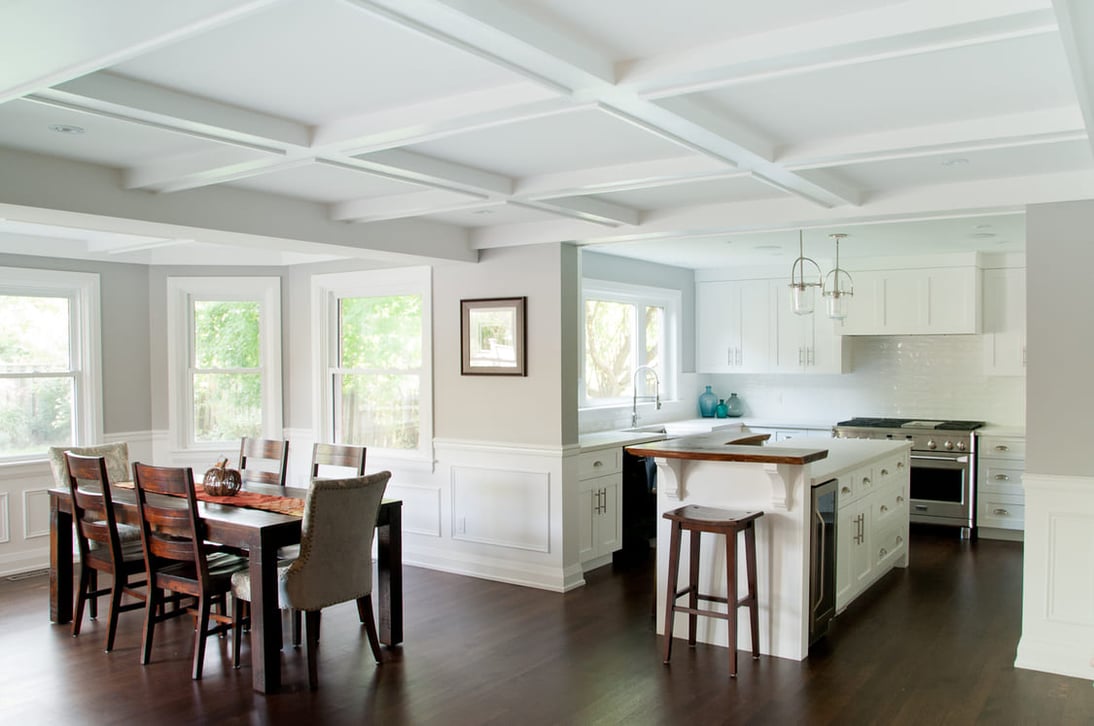 markham kitchen renovation with dining room table and two level island