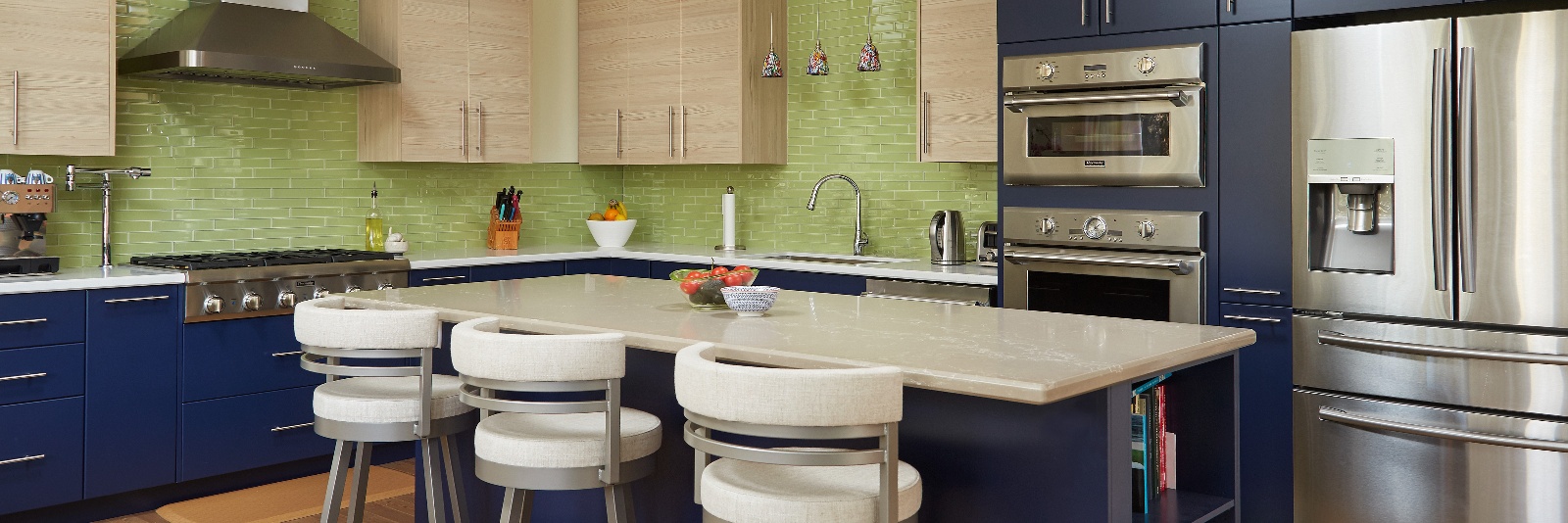 colorful kitchen renovation with green blacksplash and navy blue cabinetry in markham ontario-1