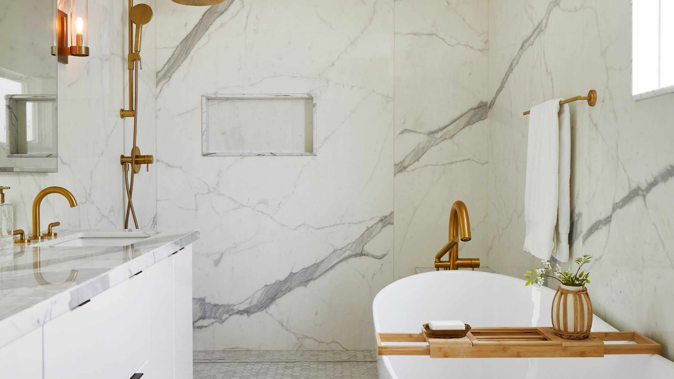 Main Bathroom Renovation With Walk-In Shower and Tub Combo. Built-In Shelves and Towel Hooks Featured