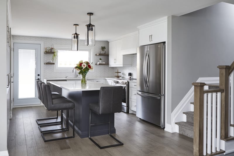 View of modern Markham kitchen renovation with white chevron backsplash