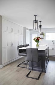 White floor-to-ceiling shaker cabinets behind kitchen island in Markham renovation