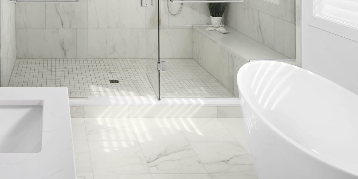 White large format marble tile in Markham bathroom renovation
