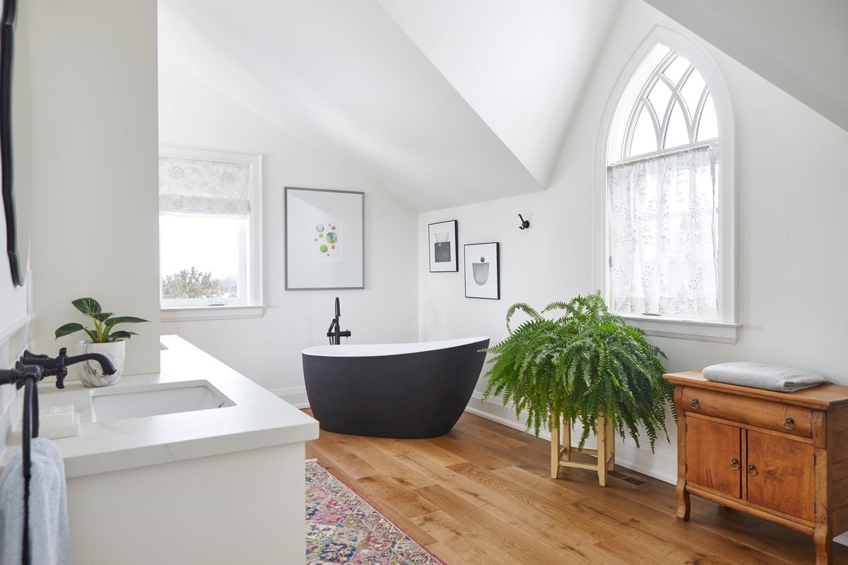 Bathroom with black standing tub renovation in Markham with coffered ceilings