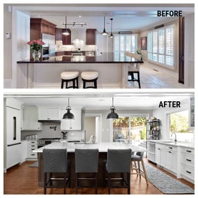 before and after of modern white kitchen transformation in markham
