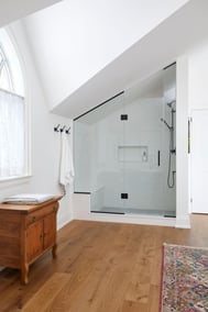 cathedral ceiling in bathroom with walk in shower in markham