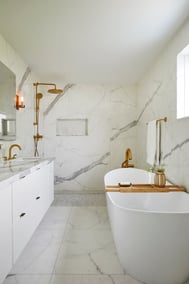 elegant marble bathroom renovation with brass faucets freestanding tub and all marble bathroom in markham2