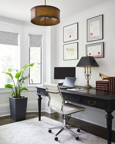 elegant office with classy wooden desk pendant lighting in home renovation in markham