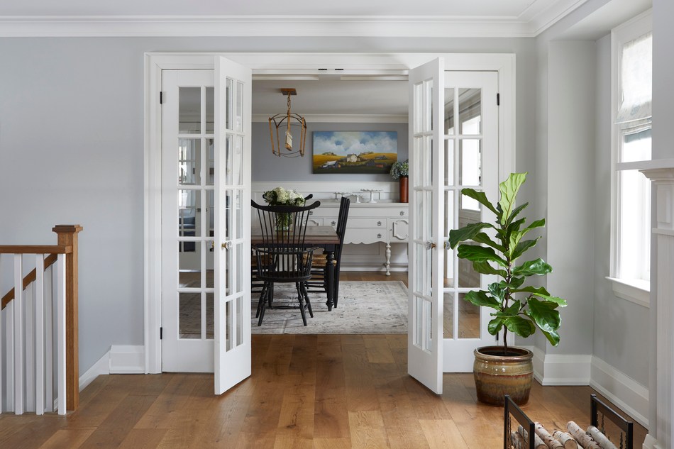 Home interior layout with white french doors