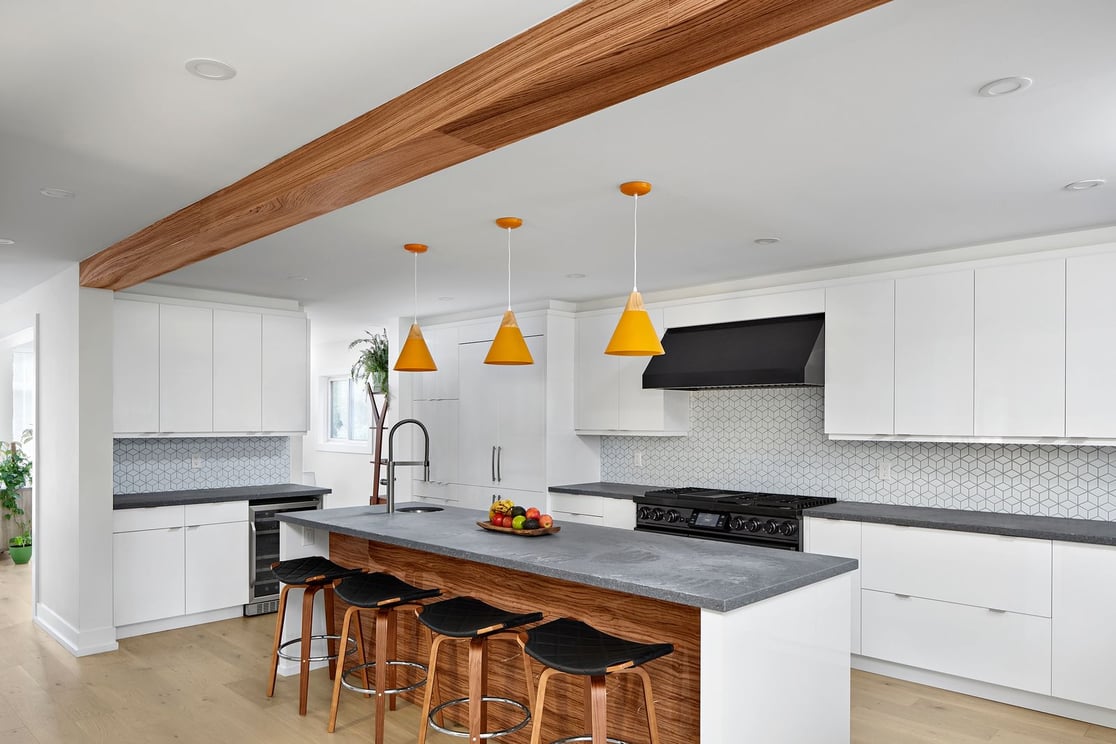 kitchen renovation in markham with beamed celing and beautiful wood accent on kitchen island
