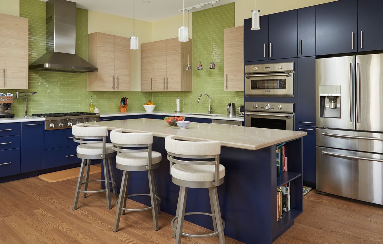 markham kitchen renovation with blue island cabinets and green backsplash tile