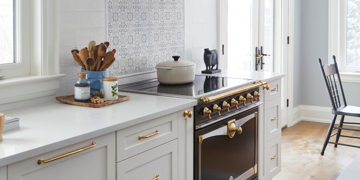 Modern white kitchen with brass pulls and pattern backsplash