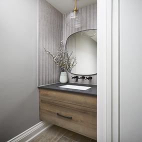 powder room with bergen mirror and matte black faucet