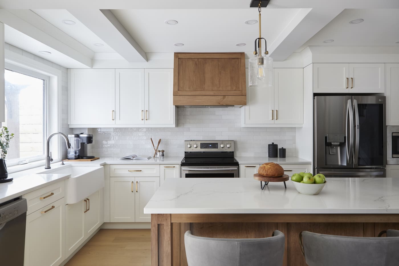 Modern luxury galley kitchen renovation in Markham with coffered ceiling