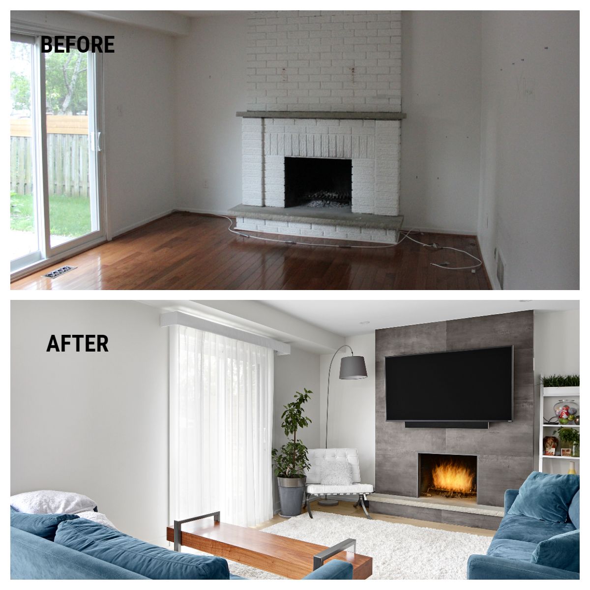 before and after transformation of living room in markham with fireplace
