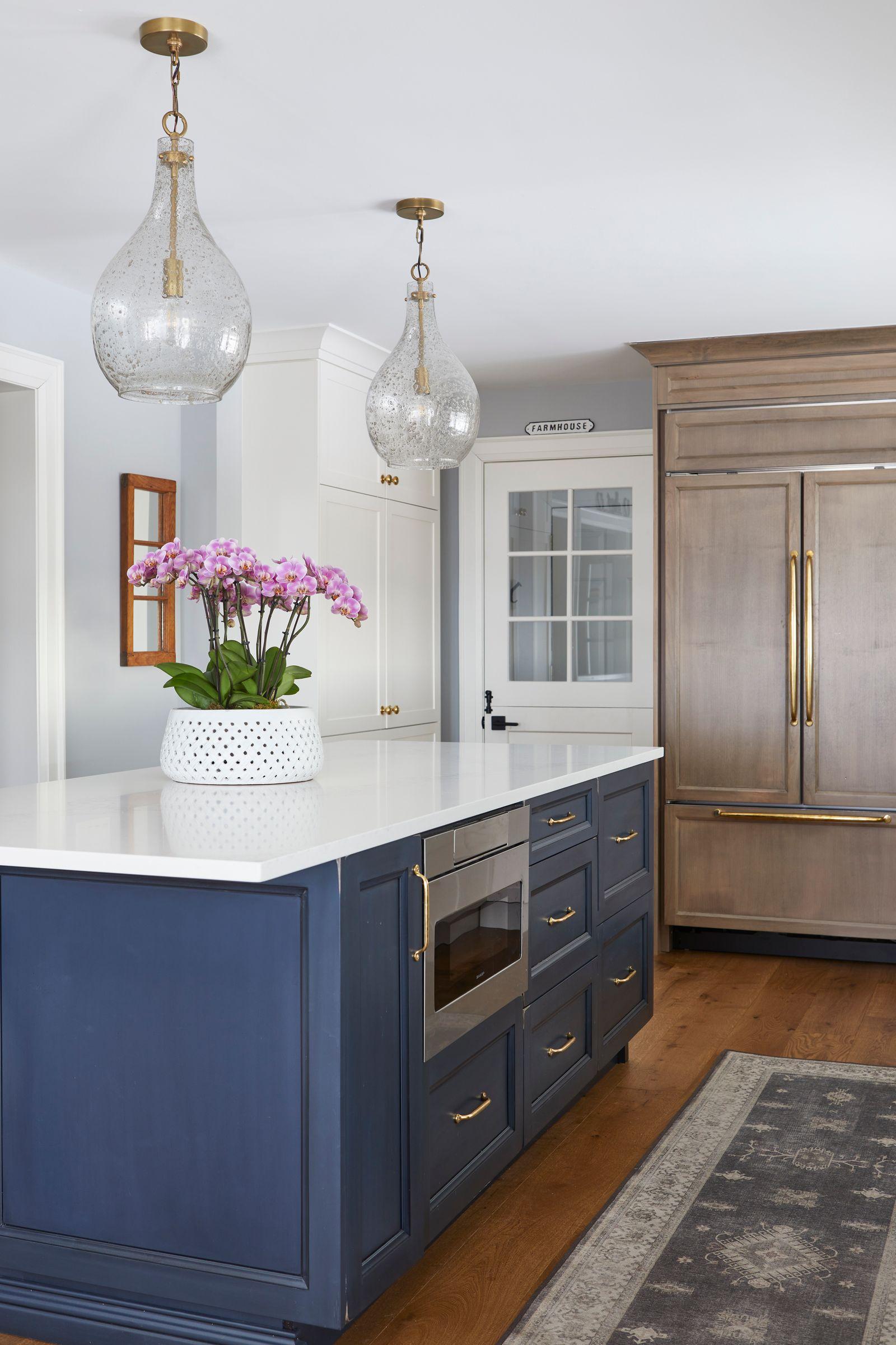Hale navy island cabinets with two glass bulb pendant lighting fixtures Hale navy island cabinets with two glass bulb pendant lighting fixtures