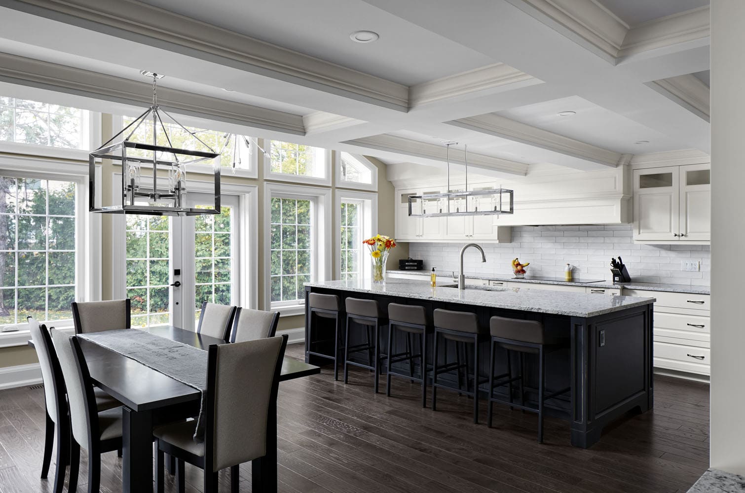 Modern open concept kitchen renovation with coffered ceiling Modern open concept kitchen renovation with coffered ceiling